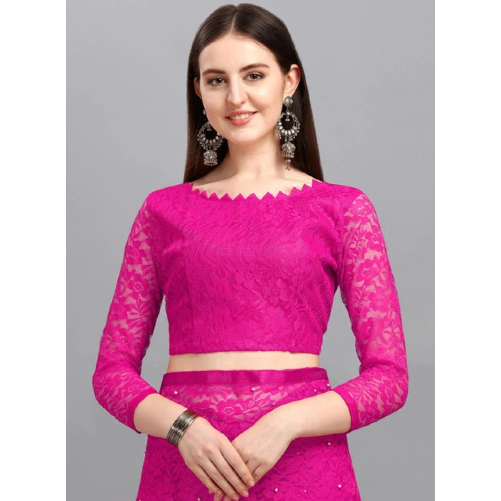 Women's Net Self Design Saree With Unstitched Blouse 5.5Mtr (Rani)