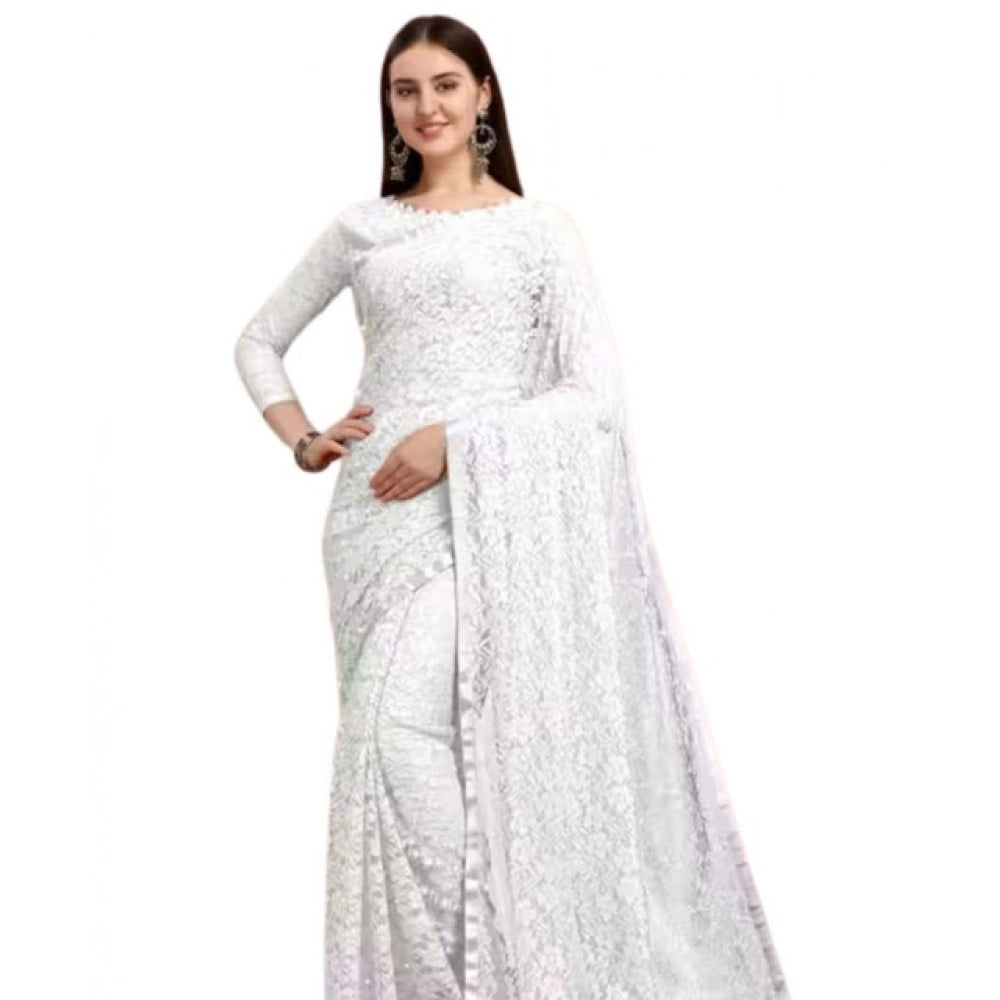 Women's Net Self Design Saree With Unstitched Blouse 5.5Mtr (White)