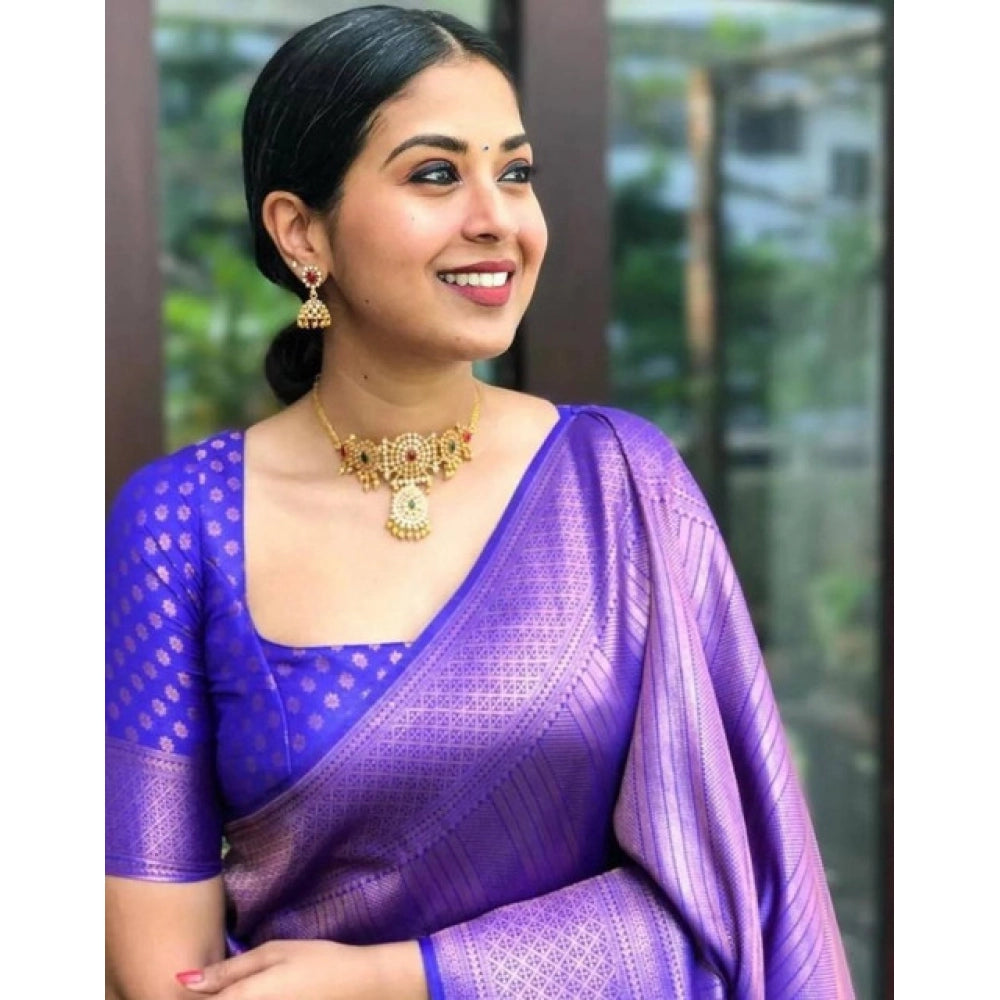 Women's Litchi silk Printed Saree With Unstitched Blouse (Purple)