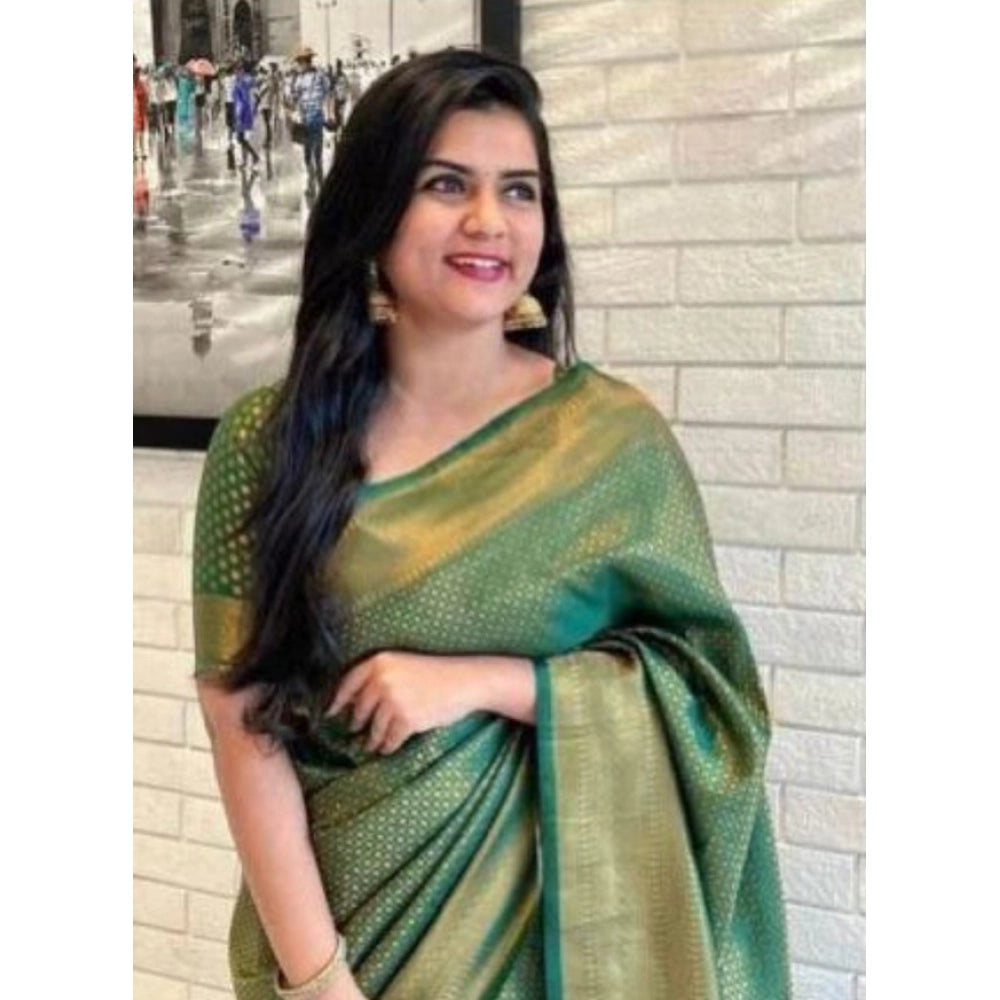 Women's Litchi silk Printed Saree With Unstitched Blouse (Green)