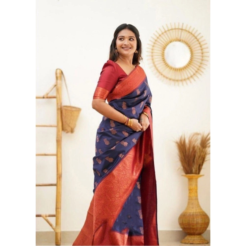 Women's Litchi silk Printed Saree With Unstitched Blouse (Blue)