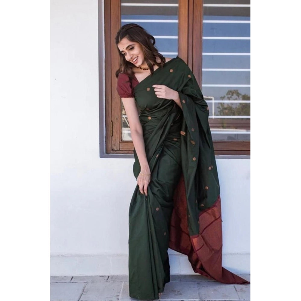 Women's Litchi silk Printed Saree With Unstitched Blouse (Dark Green)