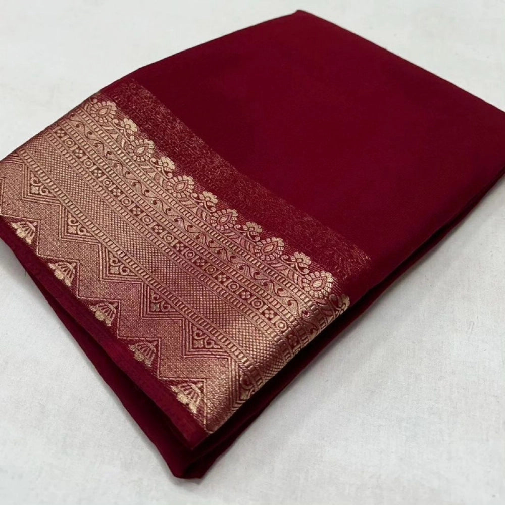 Women's Crepe Chit Pallu Solid Saree With Unstitched Blouse 5.5Mtr (Maroon)