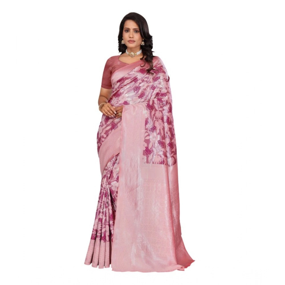 Women's Banarasi Silk Jaquard Woven Saree With Unstitched Blouse 5.5Mtr (Pink)