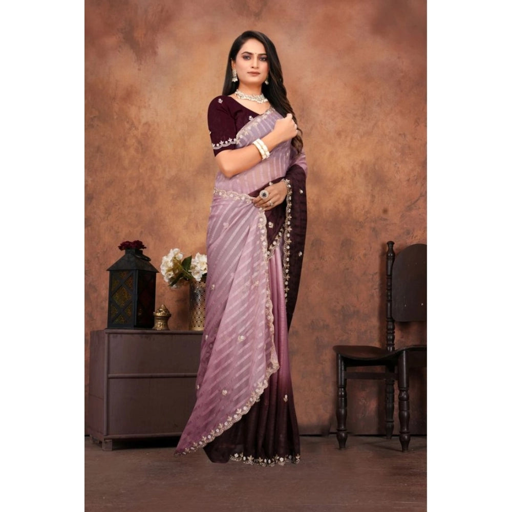 Women's Chiffon Embroidred Saree With Unstitched Blouse 5.5Mtr (Beige)