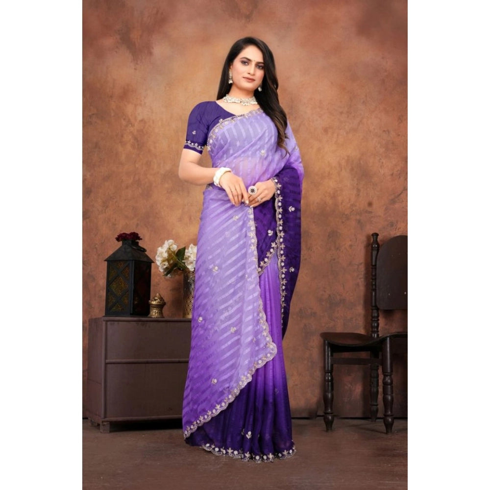 Women's Chiffon Embroidred Saree With Unstitched Blouse 5.5Mtr (Purple)