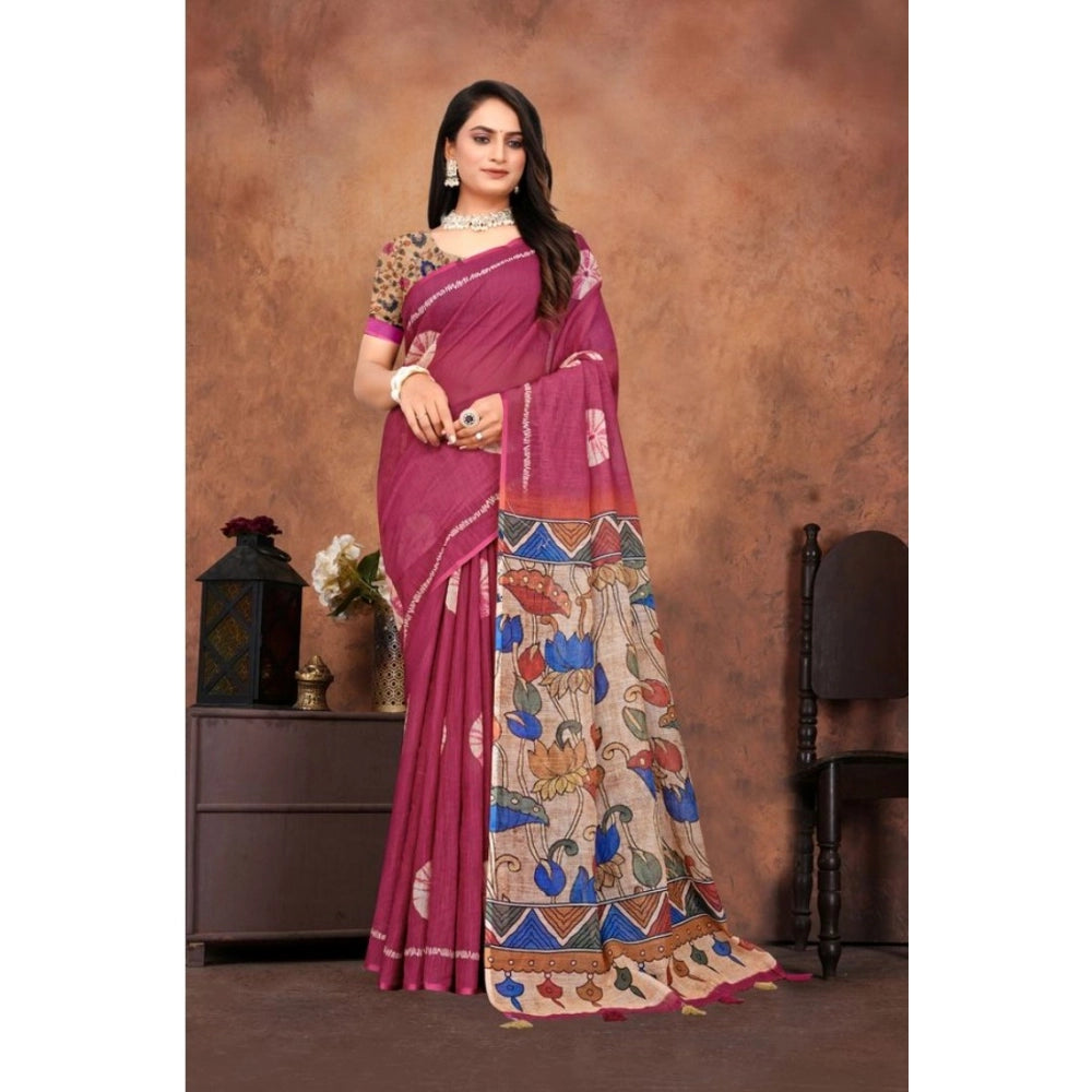 Women's Linen Printed Saree With Unstitched Blouse 5.5Mtr (Purple)