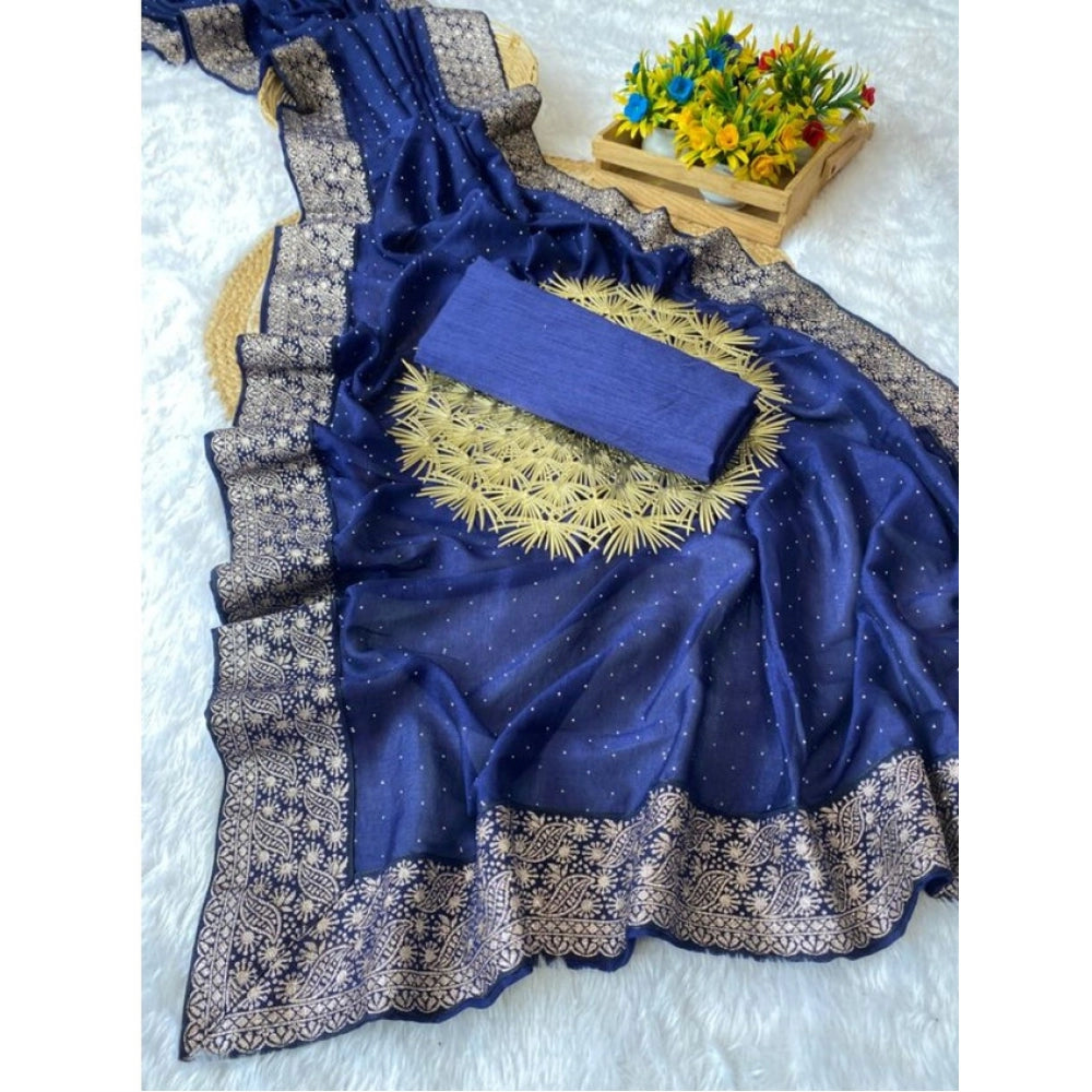 Women's Silk Embroidred Saree With Unstitched Blouse 5.5Mtr (Blue)