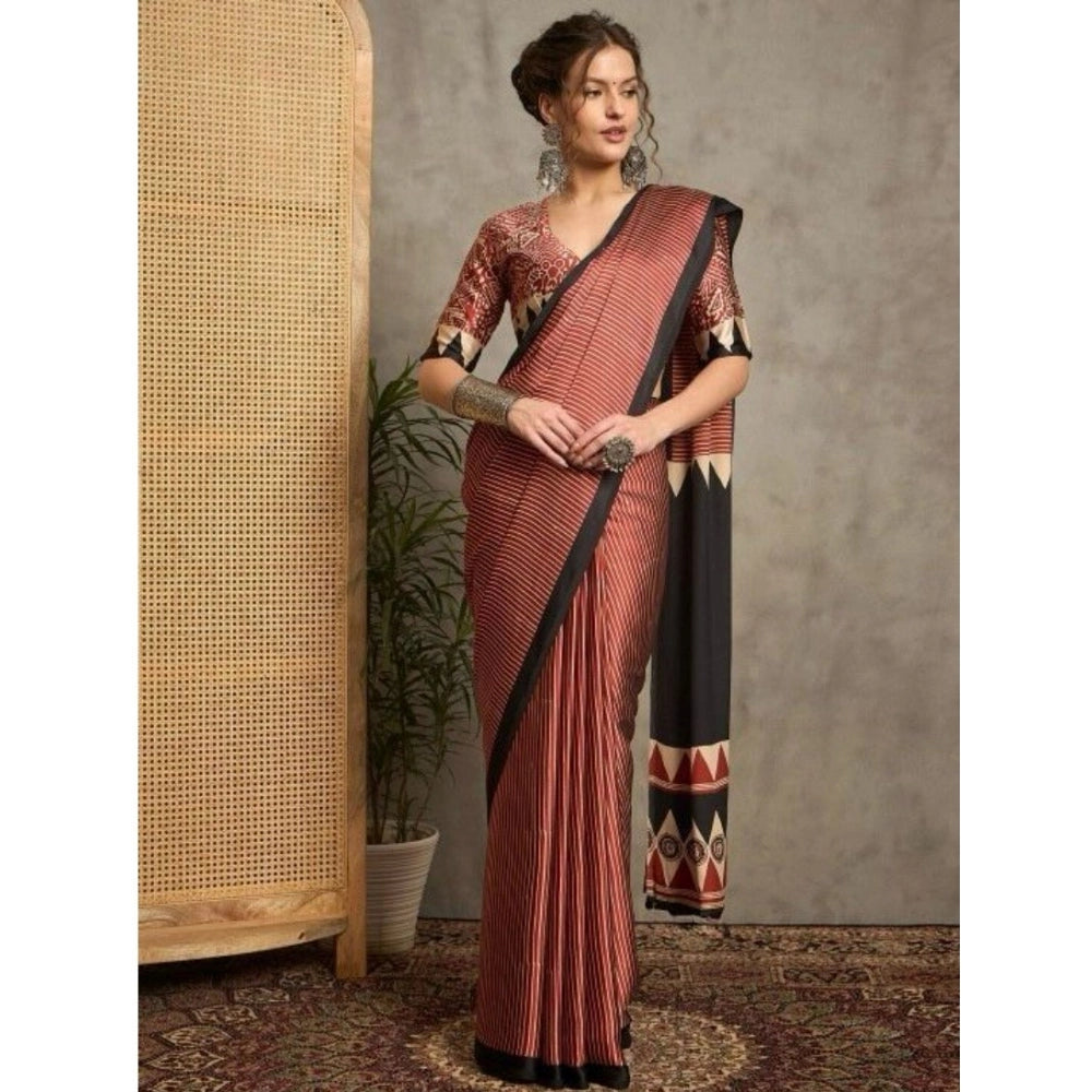 Women's Satin Printed Saree With Unstitched Blouse 5.5Mtr (Black)