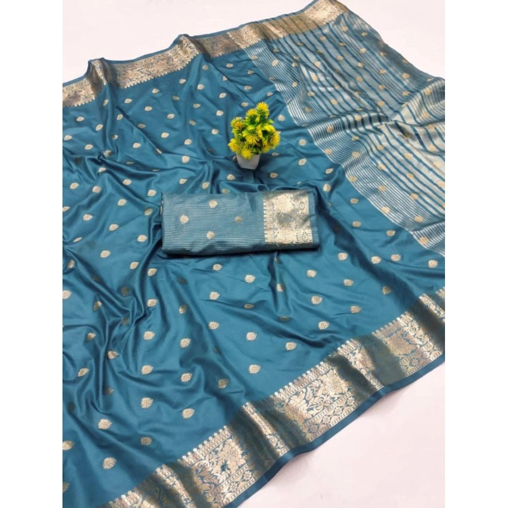 Women's Jacquard Silk Jaquard Woven Saree With Unstitched Blouse 5.5Mtr (Light Blue)