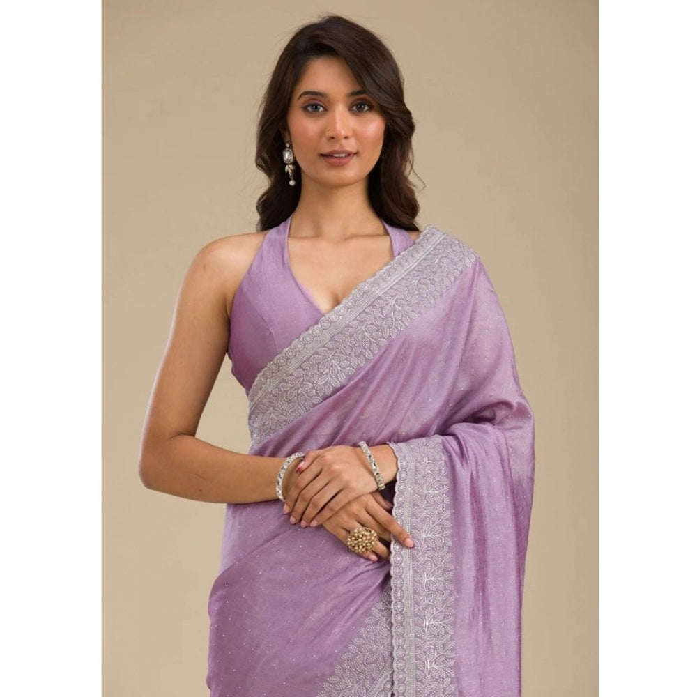 Women's Silk Embroidred Saree With Unstitched Blouse 5.5Mtr (Purple)