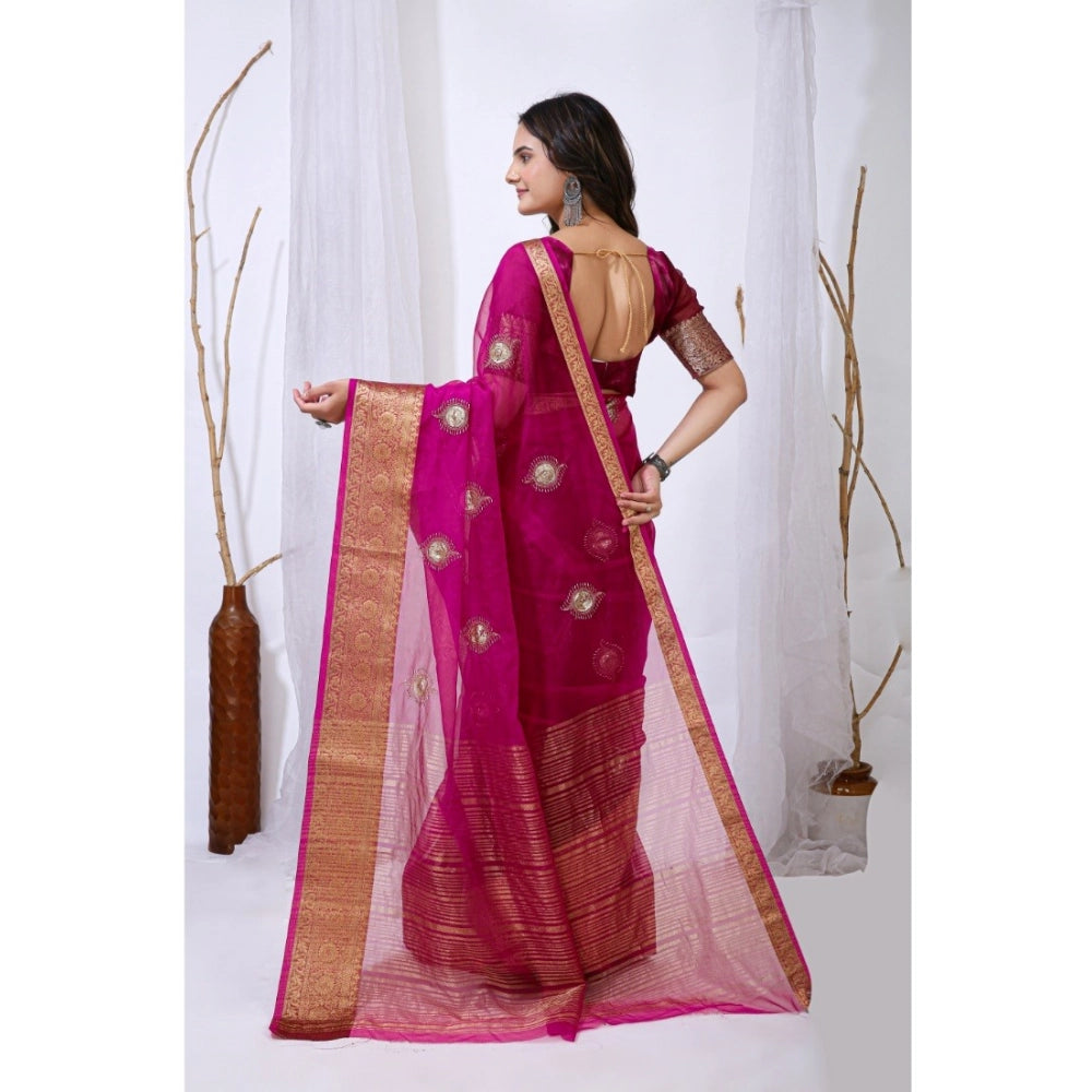 Women's Organza jacquard Embellished Saree With Unstitched Blouse 5.5Mtr (Pink)