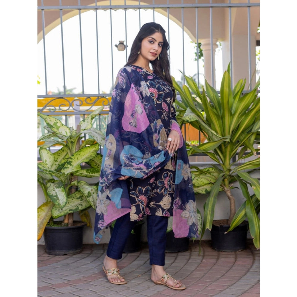 Women's Cotton Blend Printed Kurti With Pant Dupatta Set (NavyBlue)