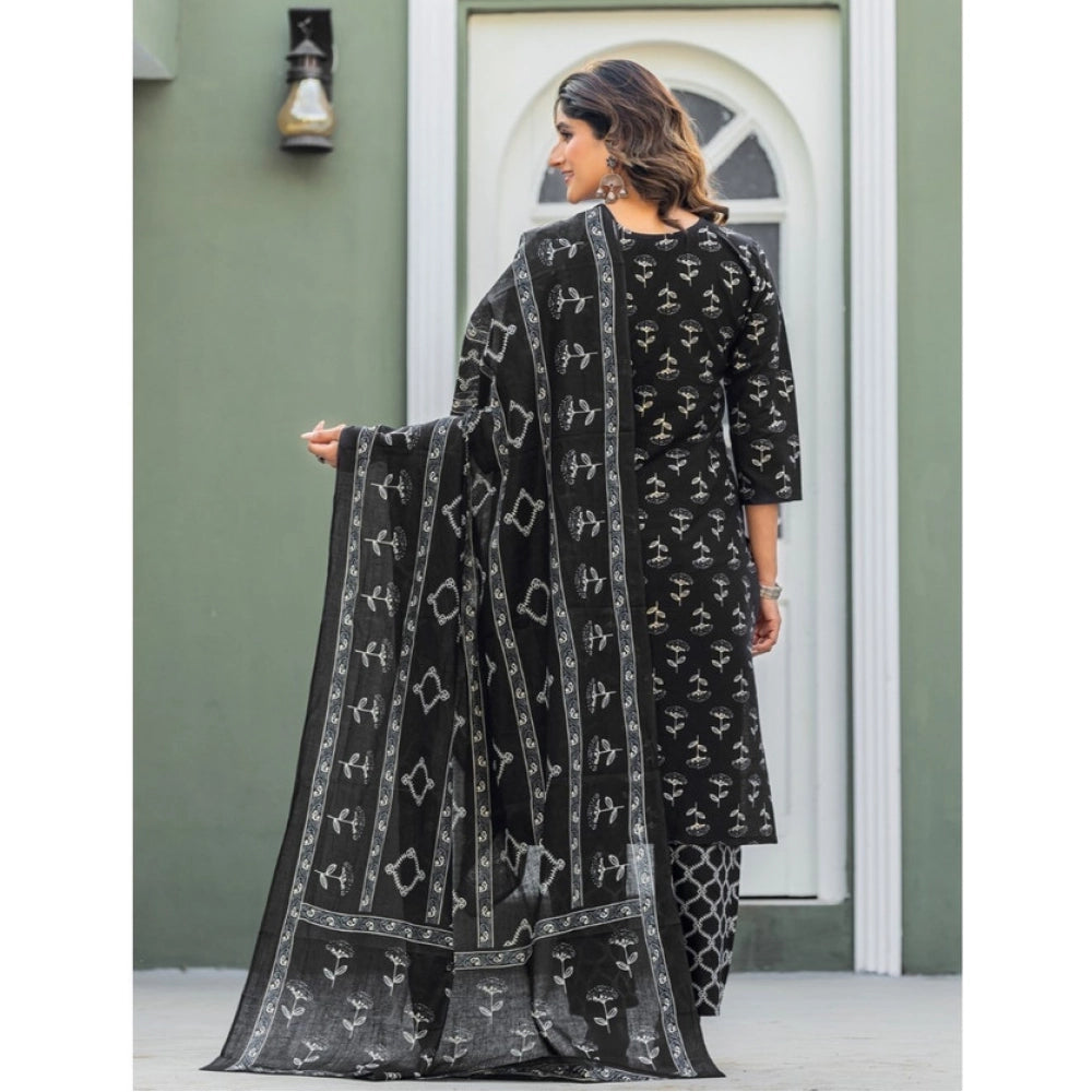Women's Cotton Blend Printed Kurti With Pant Dupatta Set (Black)