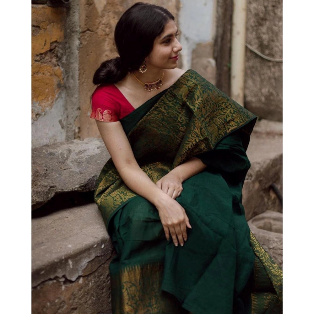 Women's Soft Lichi Silk Printed Saree With Unstitched Blouse 5.5Mtr (Green)