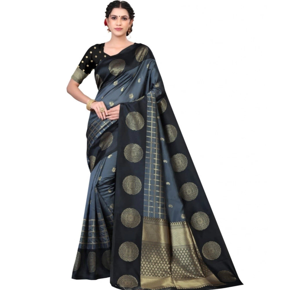 Women's Soft Lichi Silk Printed Saree With Unstitched Blouse 5.5Mtr (Black)