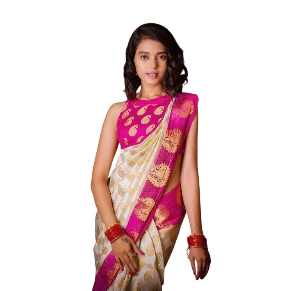 Women's Soft Lichi Silk Printed Saree With Unstitched Blouse 5.5Mtr (White)
