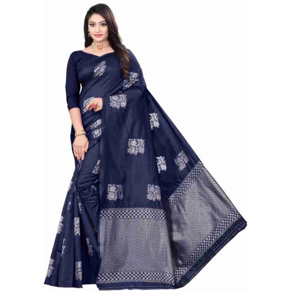 Women's Soft Lichi Silk Printed Saree With Unstitched Blouse 5.5Mtr (Blue)