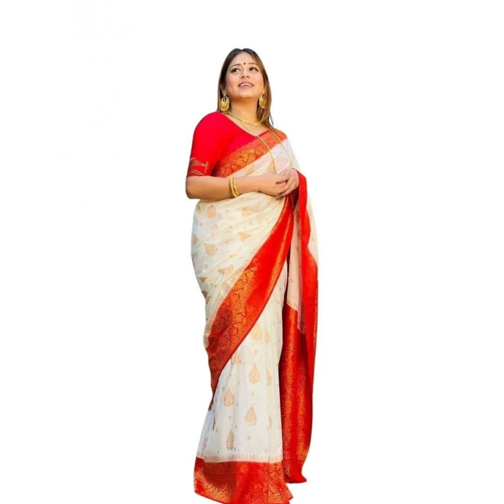 Women's Soft Lichi Silk Printed Saree With Unstitched Blouse 5.5Mtr (White)