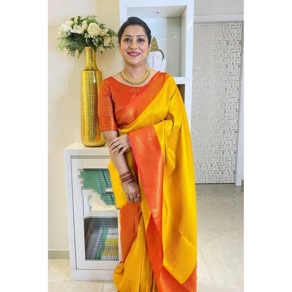 Women's Soft Lichi Silk Printed Saree With Unstitched Blouse 5.5Mtr (Mustard )