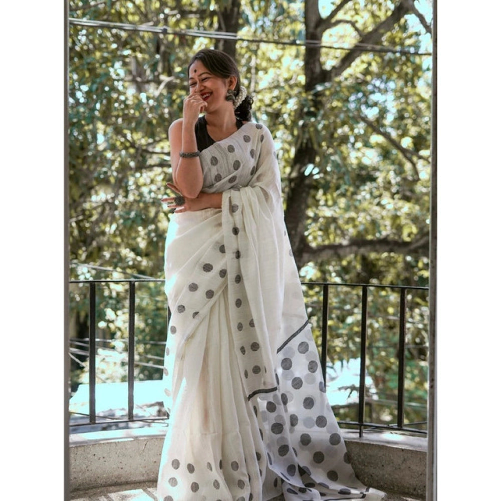 Generic Women's Soft Lilan Printed Saree With Unstitched Blouse 5.5Mtr (White)