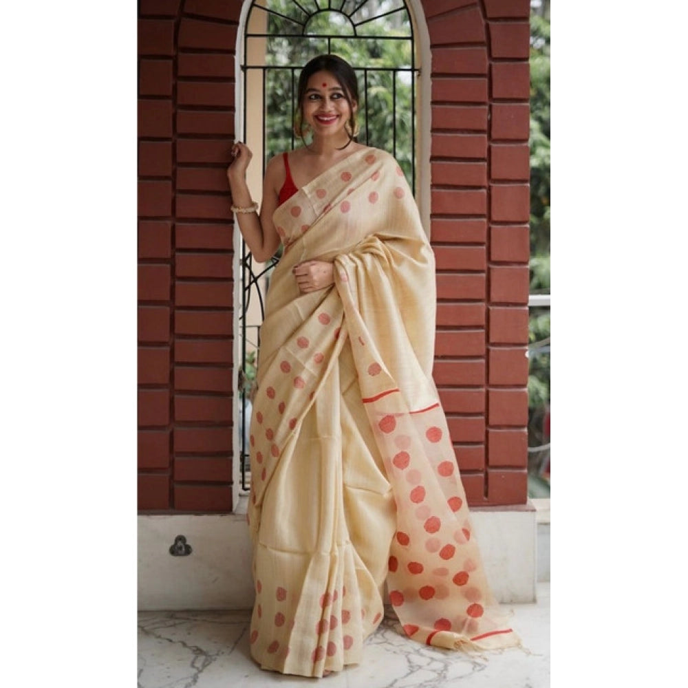 Women's Soft Lilan Printed Saree With Unstitched Blouse 5.5Mtr (Cream)