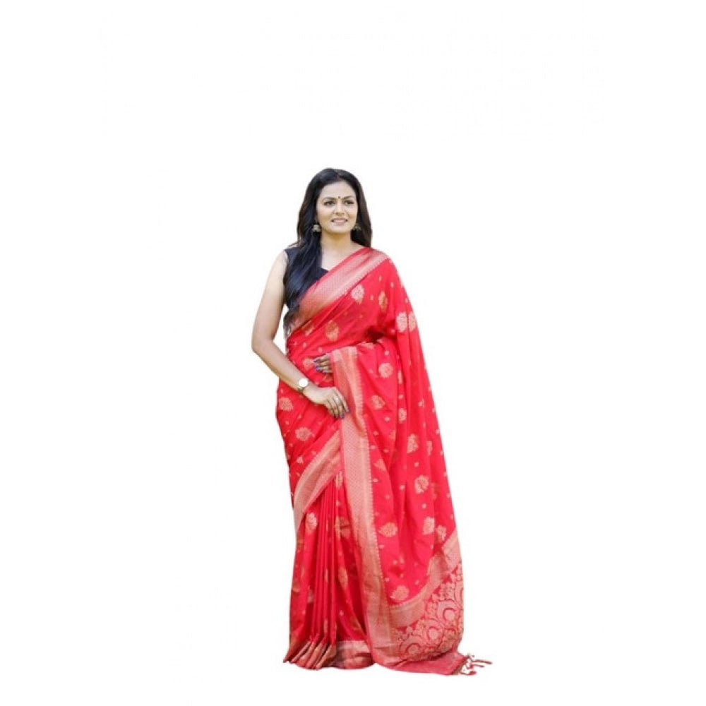 Women's Soft Lichi Silk Printed Saree With Unstitched Blouse 5.5Mtr (Red)