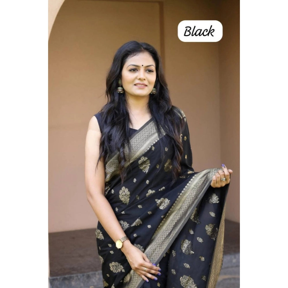 Women's Soft Lichi Silk Printed Saree With Unstitched Blouse 5.5Mtr (Black)
