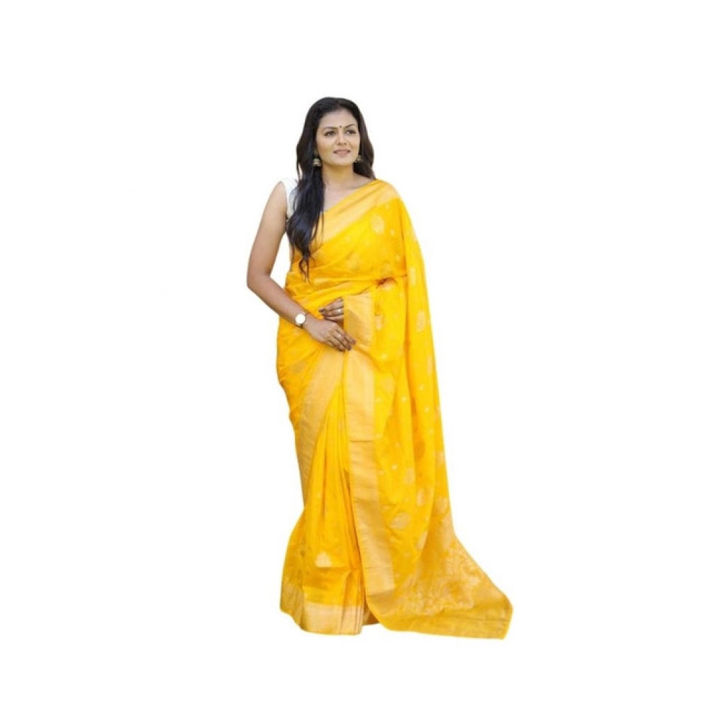 Women's Soft Lichi Silk Printed Saree With Unstitched Blouse 5.5Mtr (Yellow)
