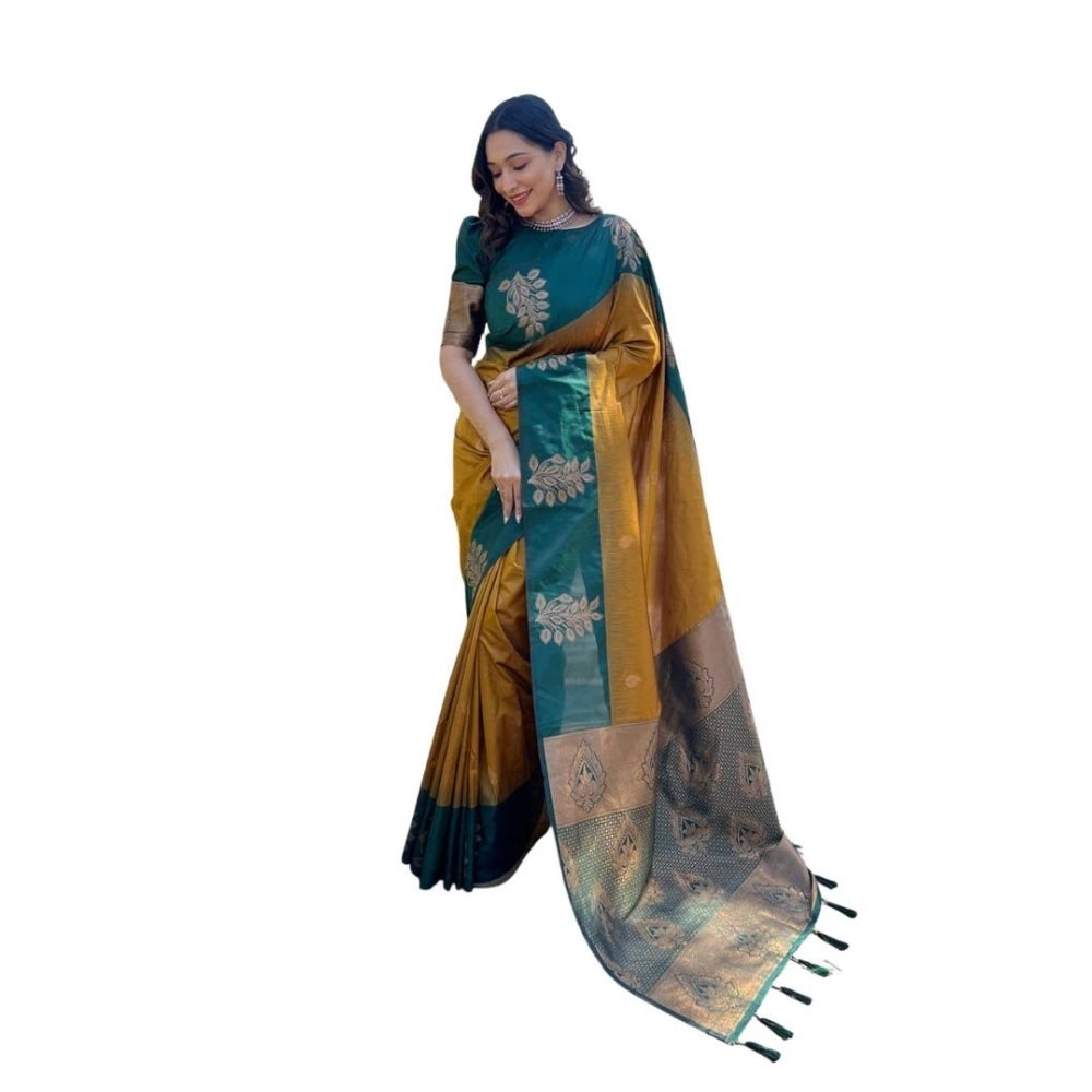 Women's Soft Lichi Silk Printed Saree With Unstitched Blouse 5.5Mtr (Mustard )