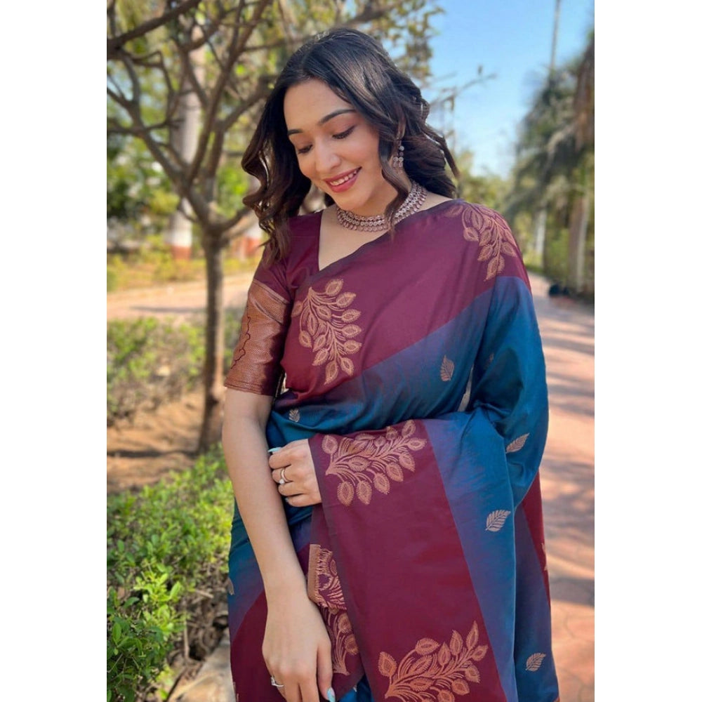 Women's Soft Lichi Silk Printed Saree With Unstitched Blouse 5.5Mtr (Blue)