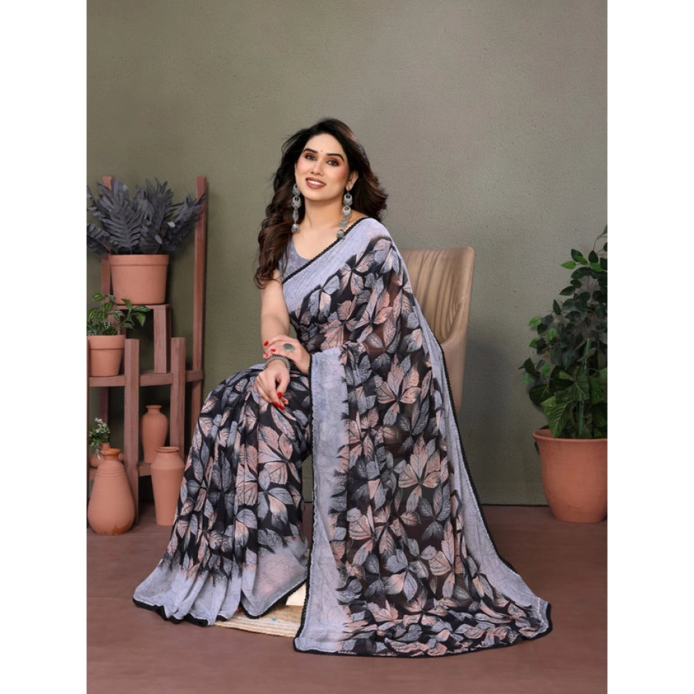 Women's Chiffon Printed Saree With Unstitched Blouse 5.5Mtr (Grey)