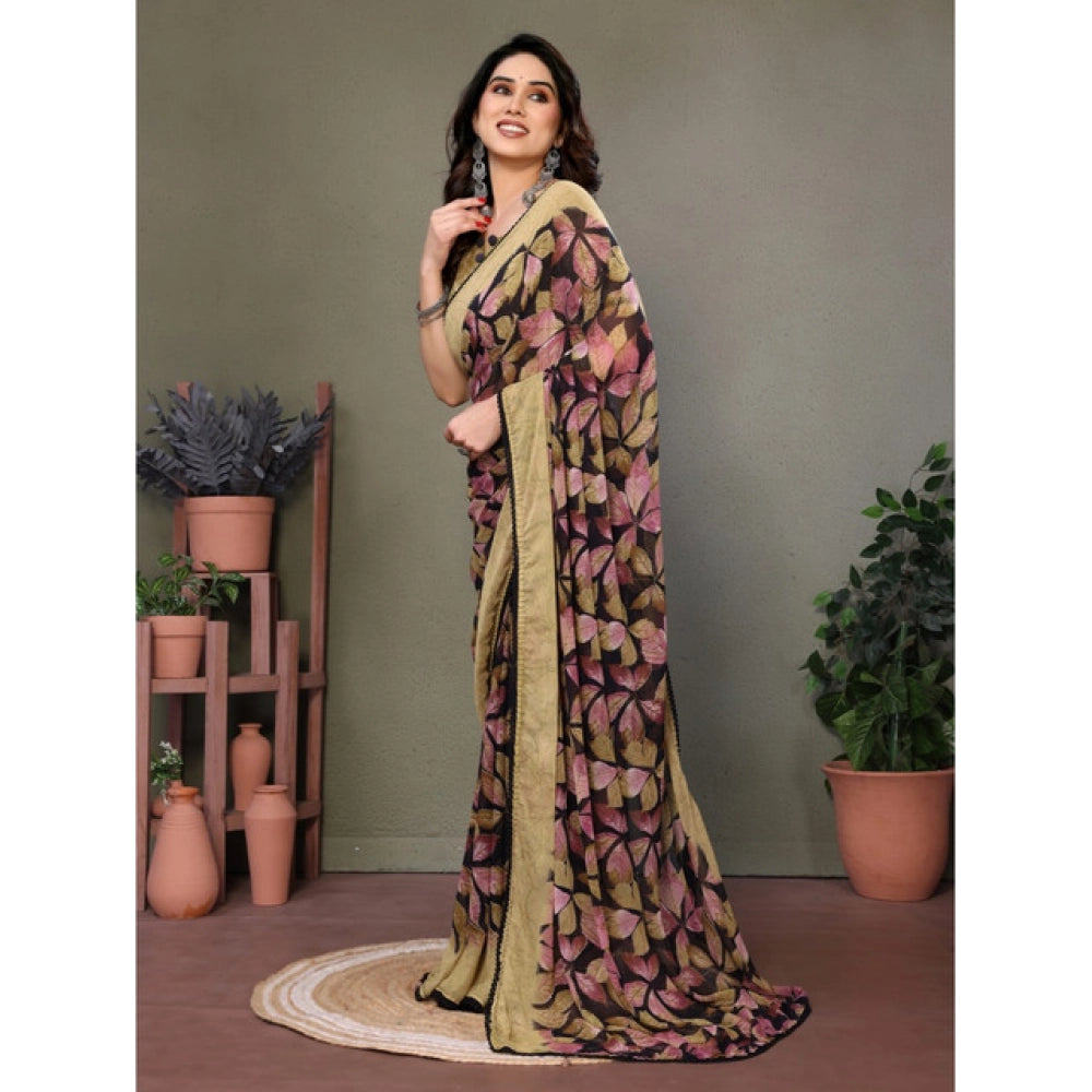 Women's Chiffon Printed Saree With Unstitched Blouse 5.5Mtr (Beige)