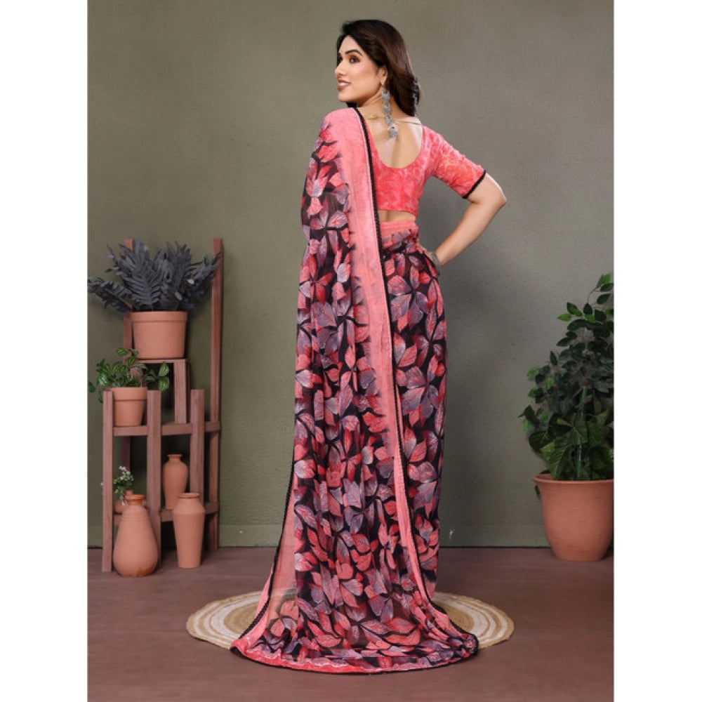 Women's Chiffon Printed Saree With Unstitched Blouse 5.5Mtr (Pink)