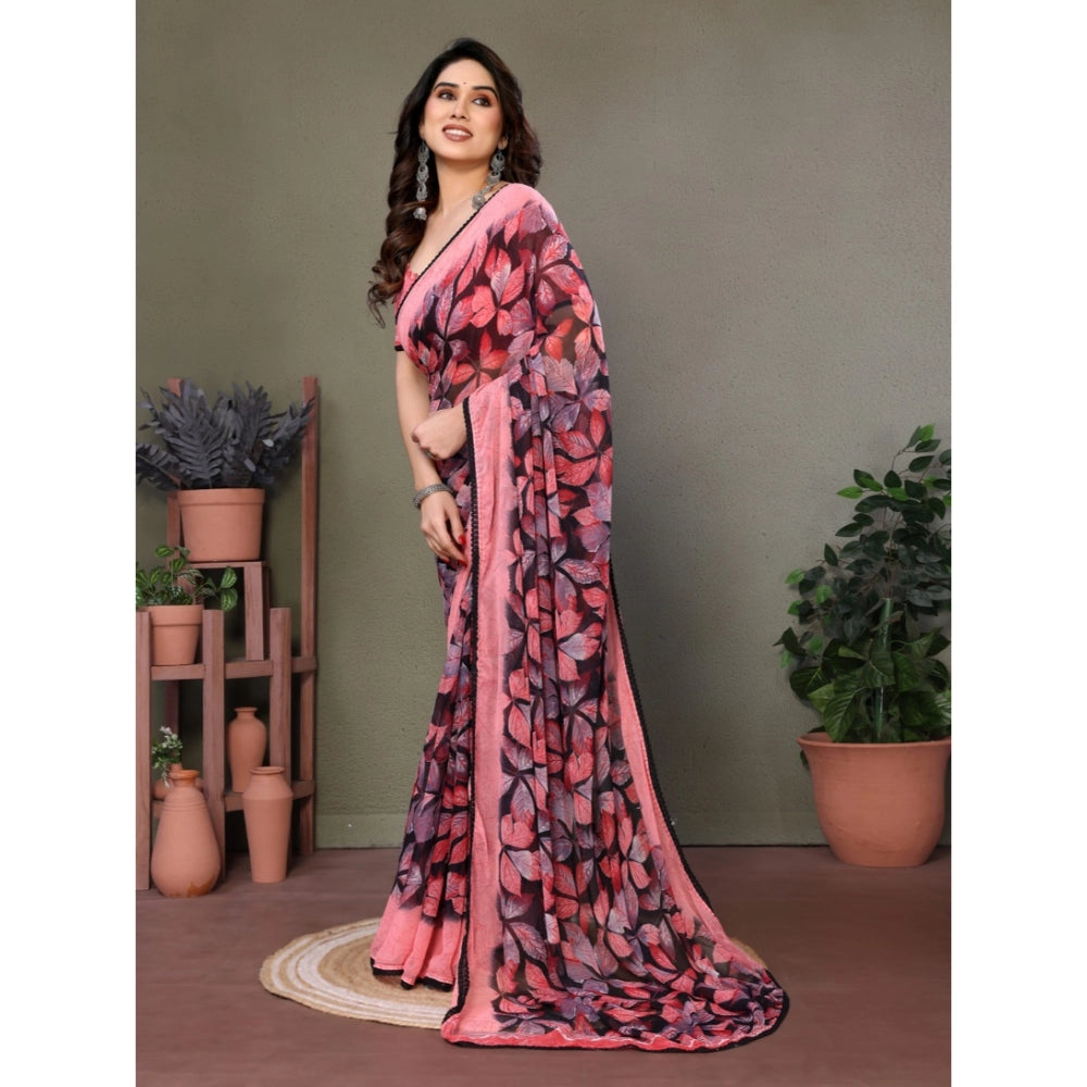 Women's Chiffon Printed Saree With Unstitched Blouse 5.5Mtr (Pink)