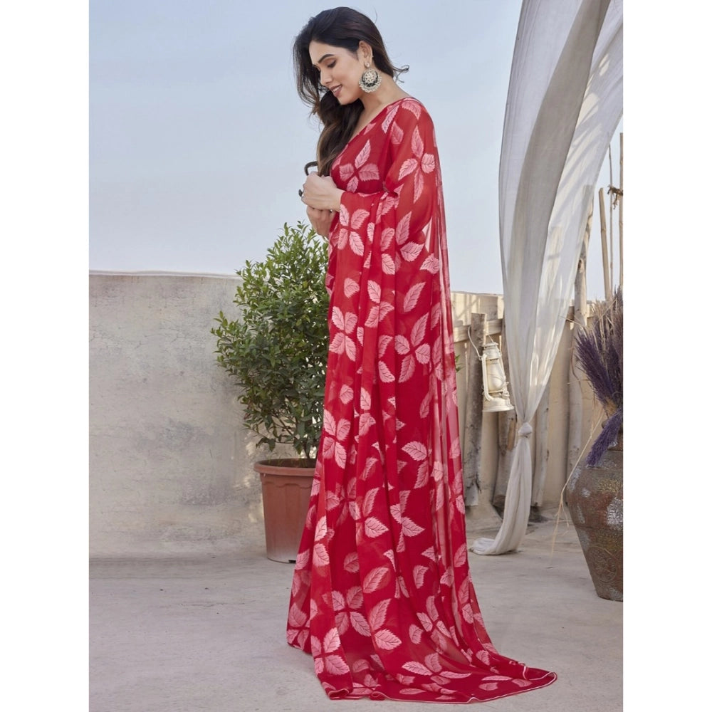 Women's Chiffon Printed Saree With Unstitched Blouse 5.5Mtr (Red)