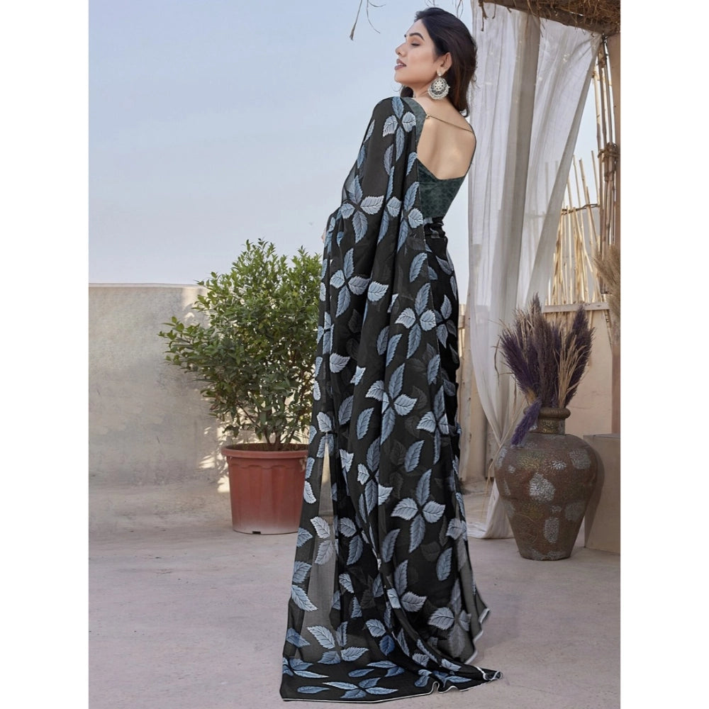 Women's Chiffon Printed Saree With Unstitched Blouse 5.5Mtr (Black)