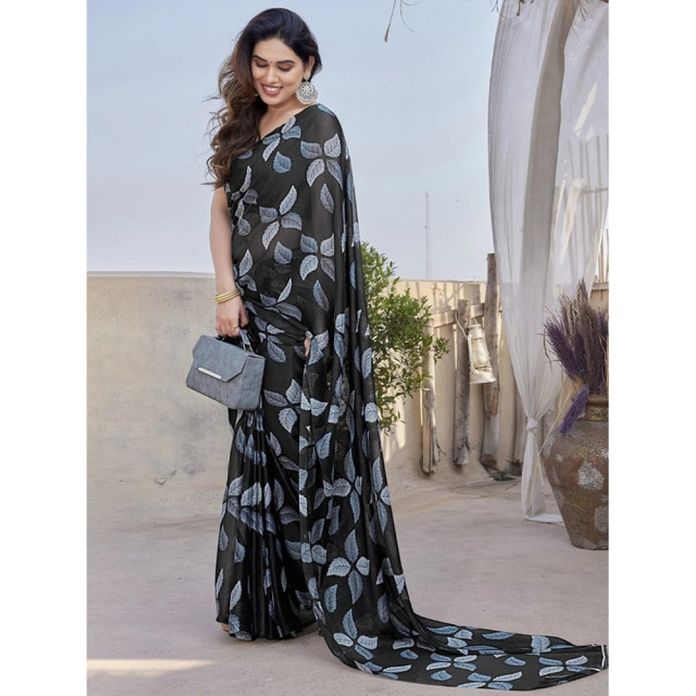 Women's Chiffon Printed Saree With Unstitched Blouse 5.5Mtr (Black)