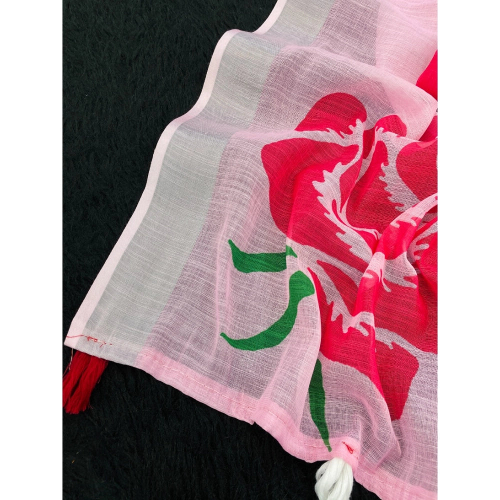 Generic Women's Linen Cotton Printed Saree With Unstitched Blouse 5.5Mtr (Pink)