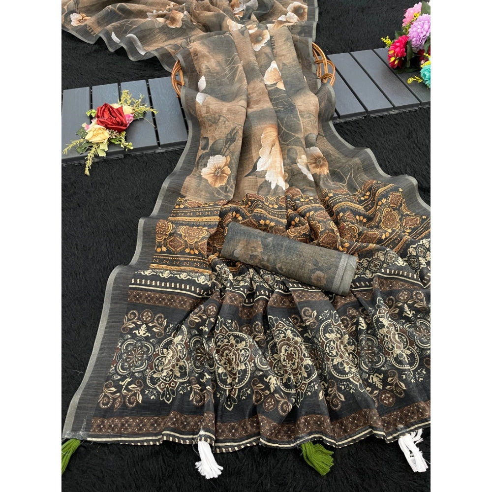 Women's Linen Cotton Printed Saree With Unstitched Blouse 5.5Mtr (Beige)