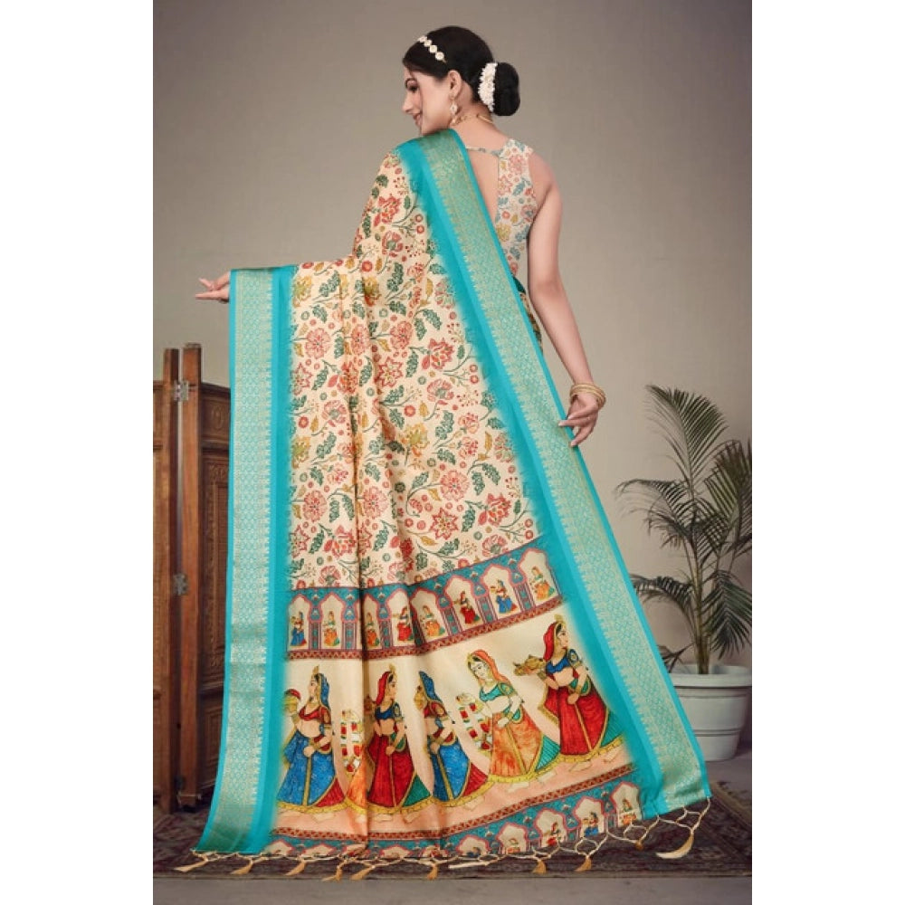 Women's Cotton Silk Printed Saree With Unstitched Blouse 5.5Mtr (Sky Blue)