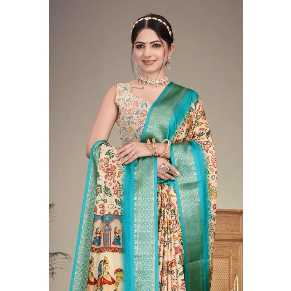Women's Cotton Silk Printed Saree With Unstitched Blouse 5.5Mtr (Sky Blue)
