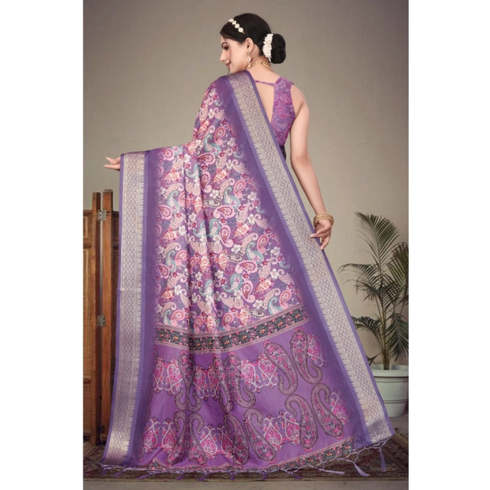 Women's Cotton Silk Printed Saree With Unstitched Blouse 5.5Mtr (Purple)