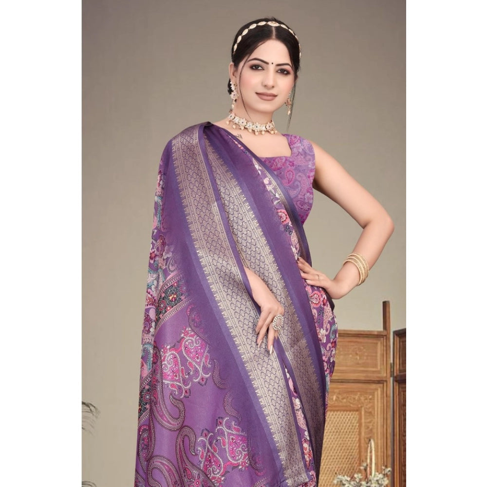 Women's Cotton Silk Printed Saree With Unstitched Blouse 5.5Mtr (Purple)