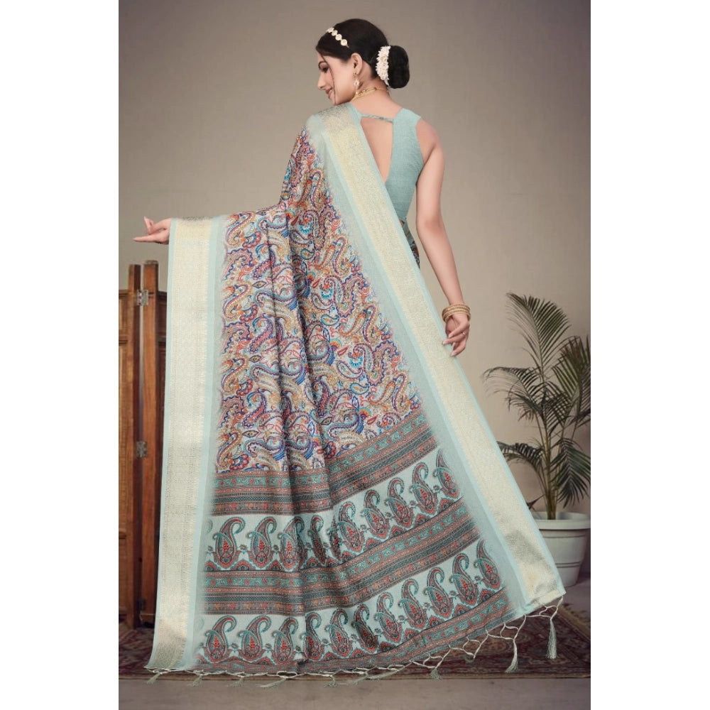 Women's Cotton Silk Printed Saree With Unstitched Blouse 5.5Mtr (Multicolor)