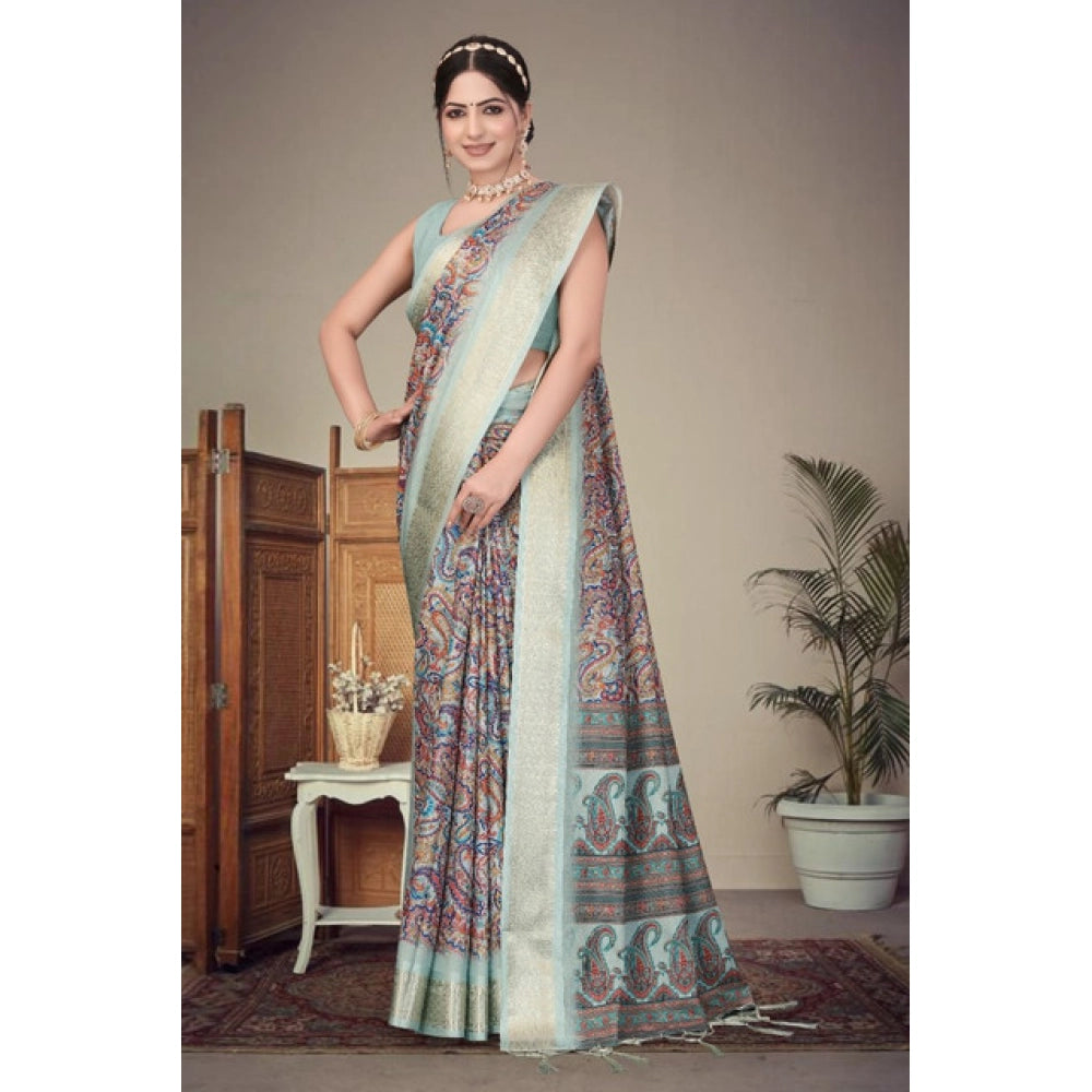 Women's Cotton Silk Printed Saree With Unstitched Blouse 5.5Mtr (Multicolor)
