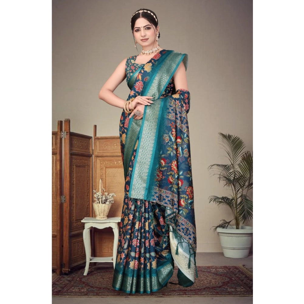 Women's Cotton Silk Printed Saree With Unstitched Blouse 5.5Mtr (Blue)