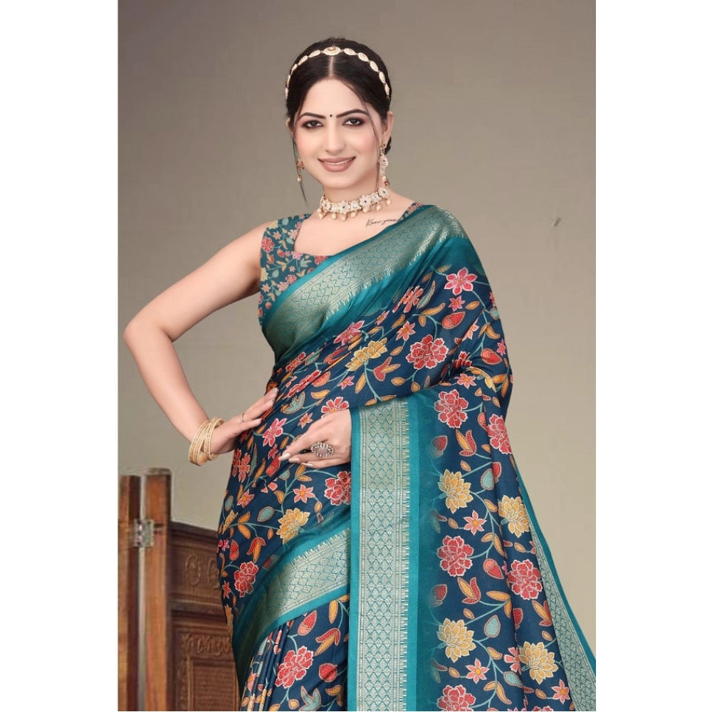Women's Cotton Silk Printed Saree With Unstitched Blouse 5.5Mtr (Blue)