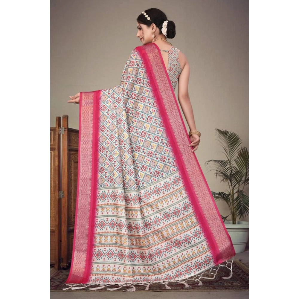 Women's Cotton Silk Printed Saree With Unstitched Blouse 5.5Mtr (Pink)