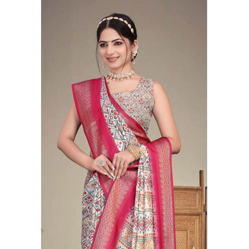 Women's Cotton Silk Printed Saree With Unstitched Blouse 5.5Mtr (Pink)